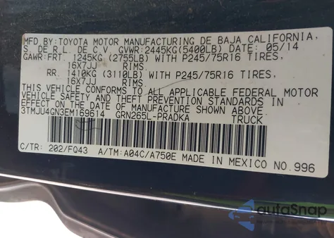 2014 Toyota Tacoma Prerunner V6 z USA, uszkodzony, nr VIN 3TMJU4GN3EM169614